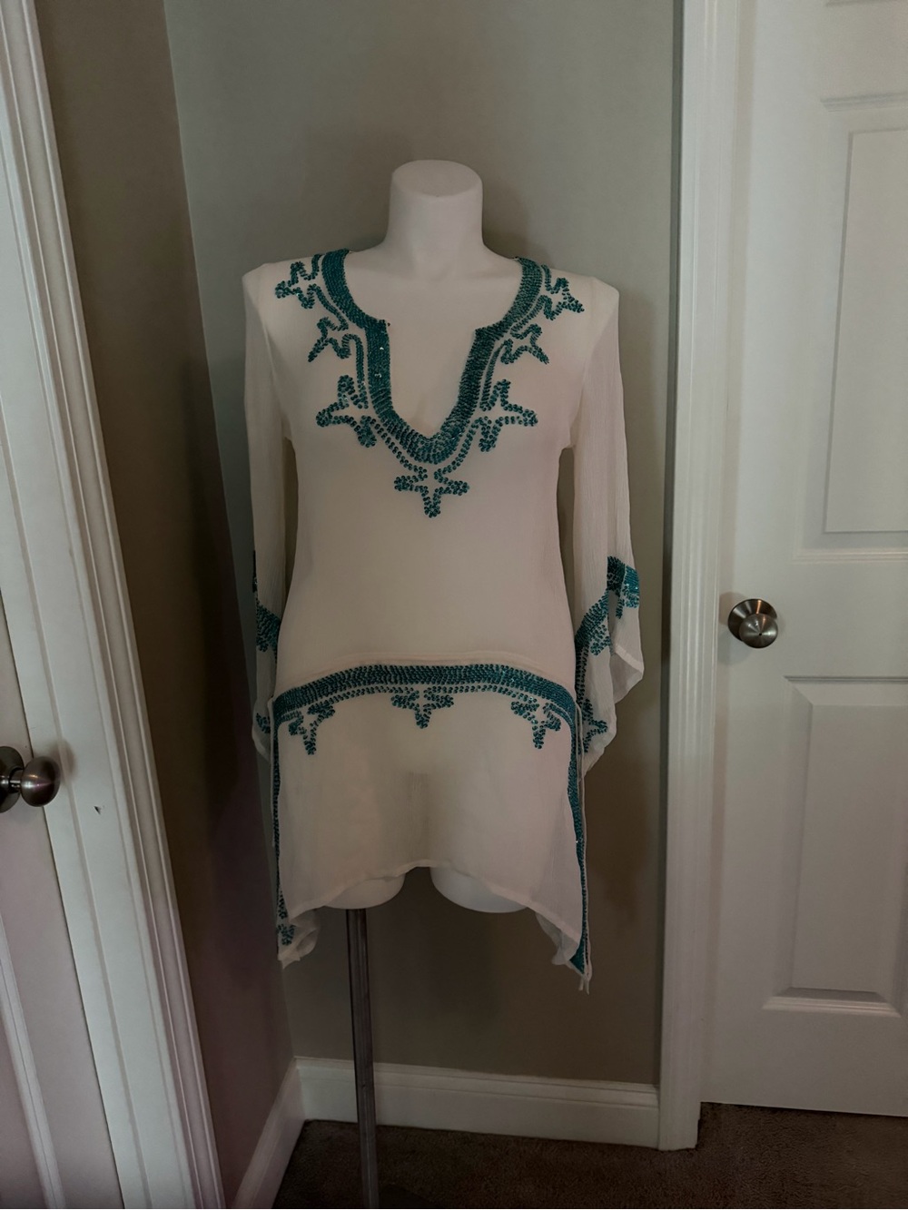 Calypso St. Barth 100% Silk White & Turquoise Sequined Beach Cover-Up Tunic - Picture 5 of 15